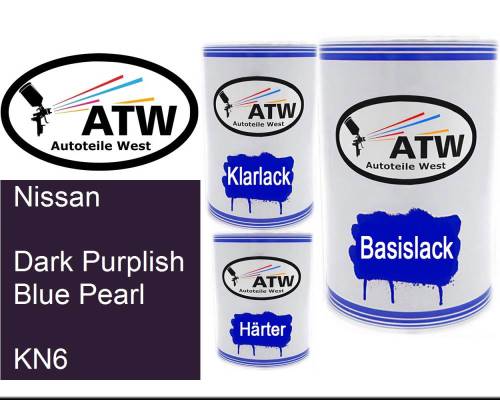 Nissan, Dark Purplish Blue Pearl, KN6: 500ml Lackdose + 500ml Klarlack + 250ml Härter - Set, von ATW Autoteile West.